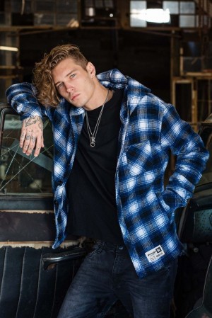 Pánské Svrchní Oblečení YoungLA Hooded Flannels Blankyt | 624031WBQ