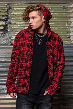 Pánské Svrchní Oblečení YoungLA Hooded Flannels Červené | 861479MOW