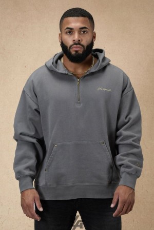 Pánské Svrchní Oblečení YoungLA Rivet Quarter Zip Hoodie Šedé Blankyt Světle Modré | 597103JFP