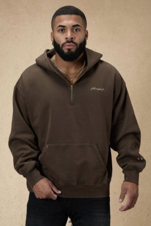 Pánské Svrchní Oblečení YoungLA Rivet Quarter Zip Hoodie Hnědé Blankyt Světle Modré | 610354DOK