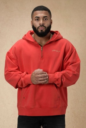 Pánské Svrchní Oblečení YoungLA Rivet Quarter Zip Hoodie Červené | 850719ZSQ