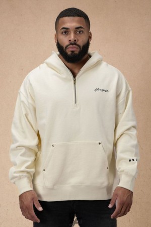Pánské Svrchní Oblečení YoungLA Rivet Quarter Zip Hoodie Bílé | 958124WDI